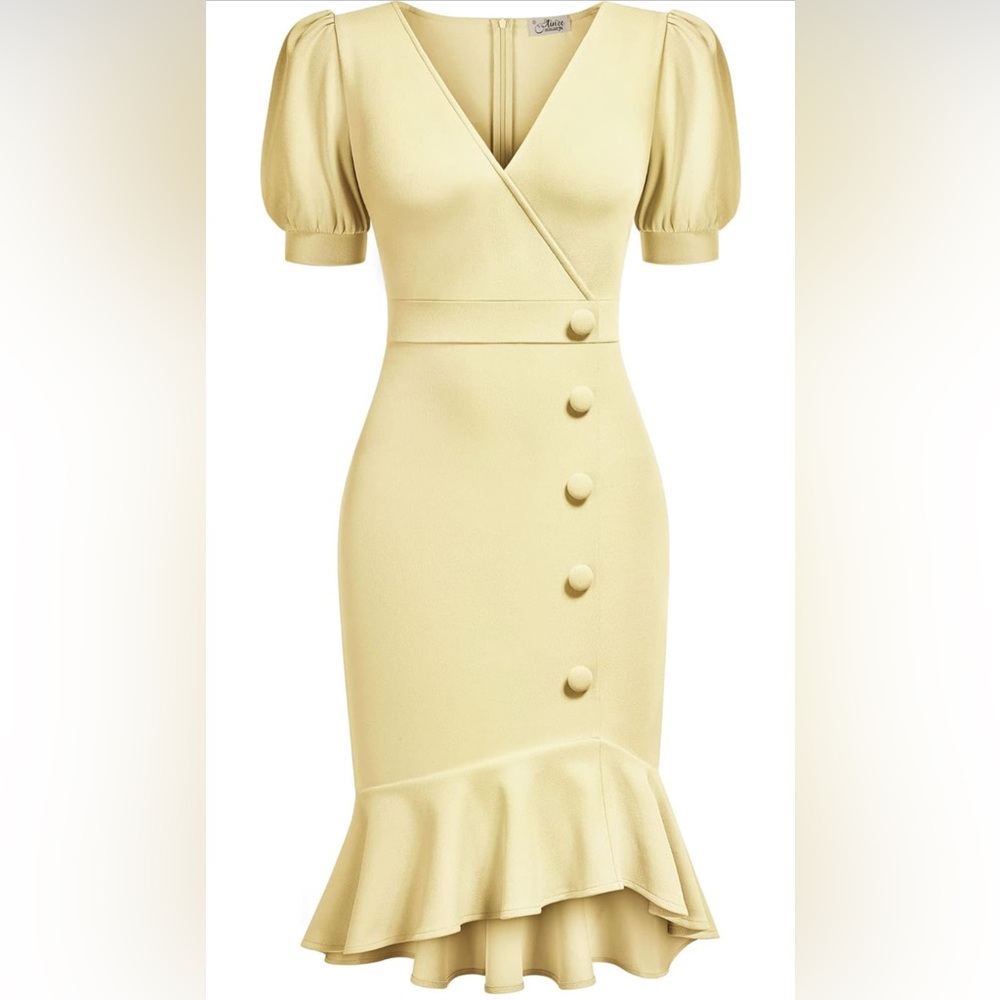 AISIZE Women's Vintage V-Neck Ruffle Hem Cocktail Bodycon Dress